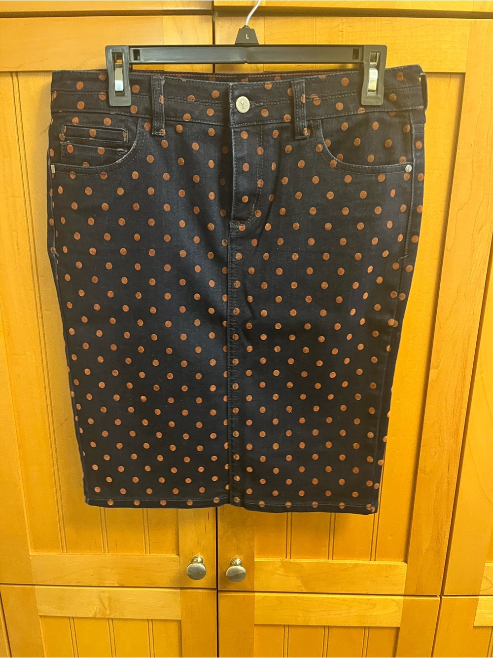 Pilcro Polka Dot Denim Pencil Skirt - Black with Rust Polka Dots
